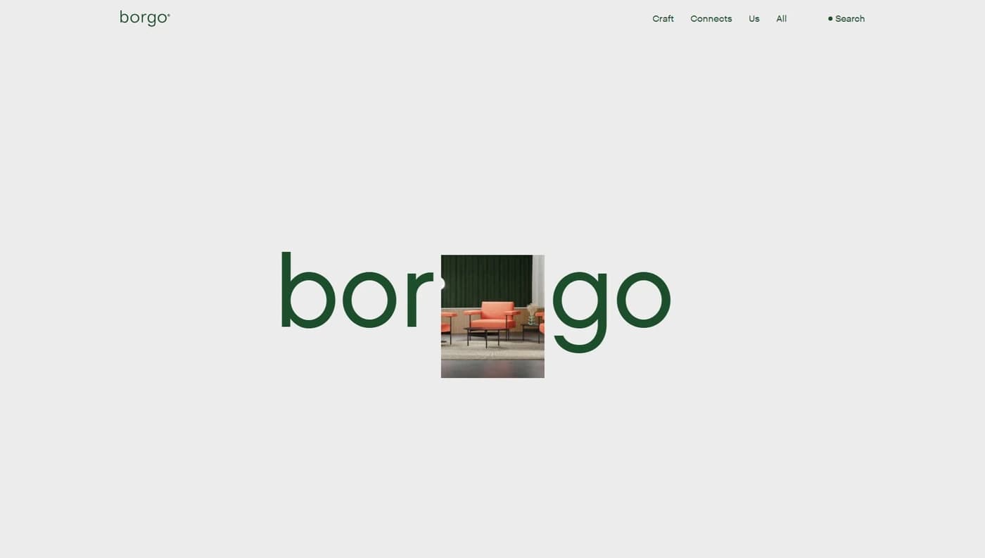 Borgo home page, with a lounge chair photographed against a warm neutral background.